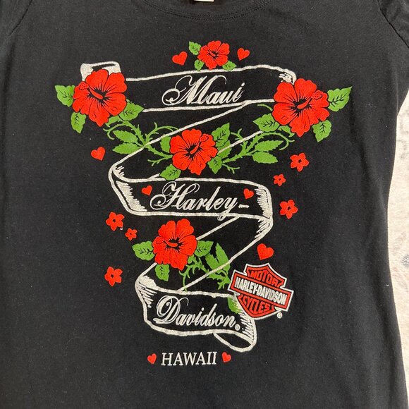 Y2K Women's Harley Davidson Maui Hawaii T-Shirt Roses Sparkle Size Medium Black - Picture 2 of 5